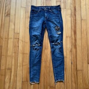 American Eagle Outfitters Jegging Dark Wash Super Stretch Skinny Jeans Patches